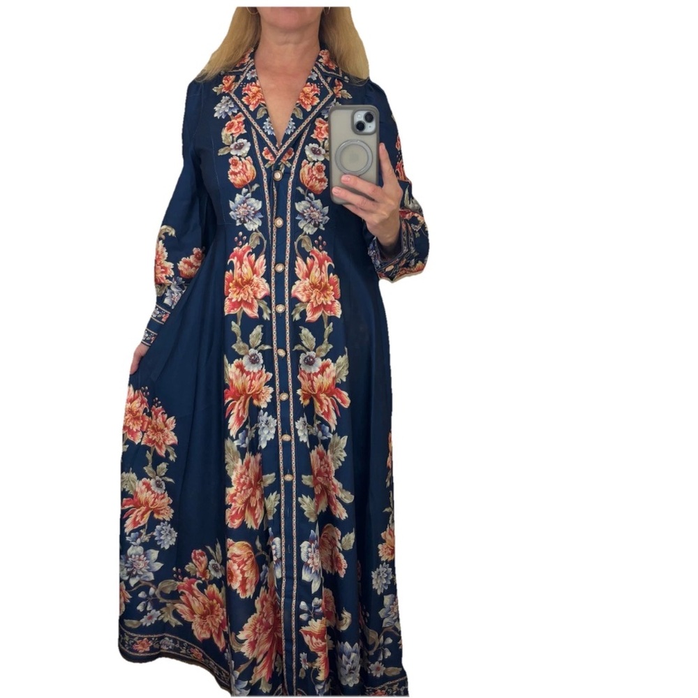 Dalia MacPhee Floral Border Maxi Dress Boho V-Neck Long Sleeve M NWT